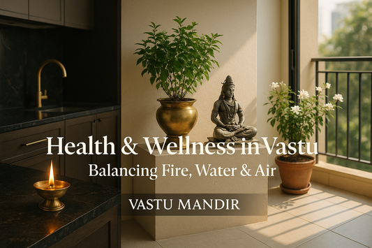 Luxury home spaces showing kitchen with diya, pooja corner with Tulsi, and balcony with plants, symbolizing fire, water, and air balance in Vastu.