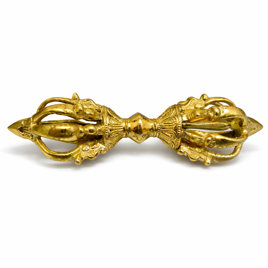 Brass Vajra Dorje ritual tool alternate horizontal view isolated on white background