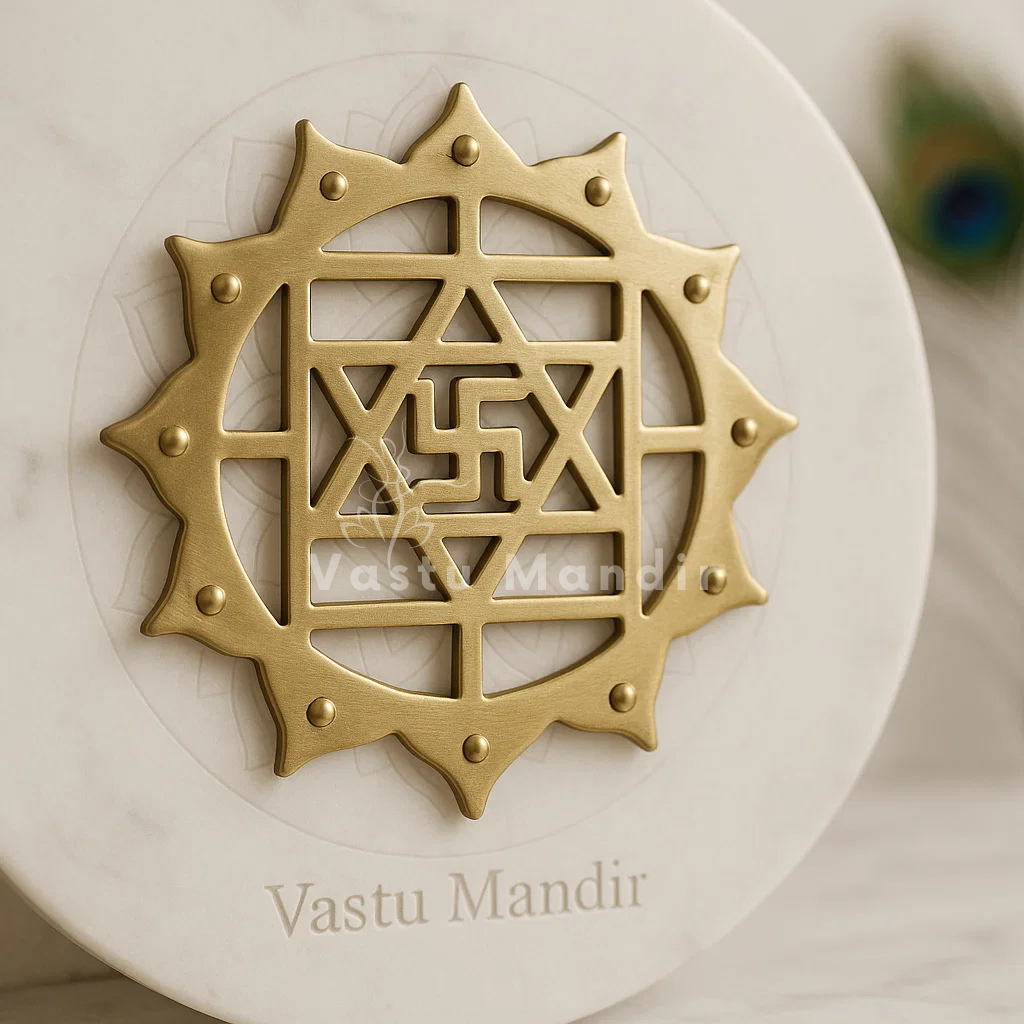 Brass Swastik with Lotus Helix (Kamal Satya) – Vastu Remedy for Main Door Protection | Evil Eye & Positive Energy Shield | Kitchen/Entrance Placement | 6 x 6 Inch