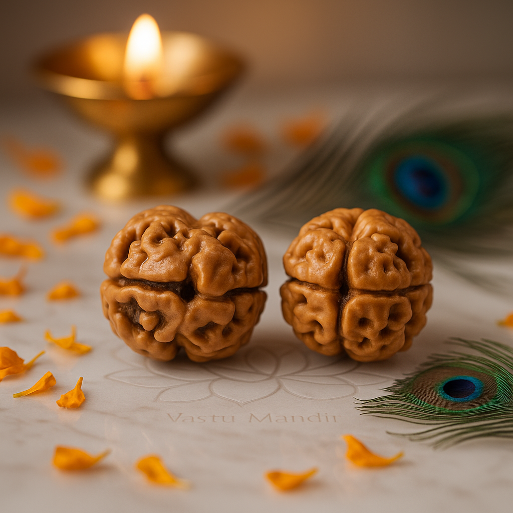 2 mukhi Rudraksha arranged in a separate traditional product setting