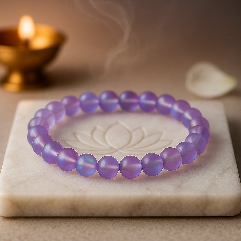 Purple aura quartz crystal bracelet, 8 mm round beads