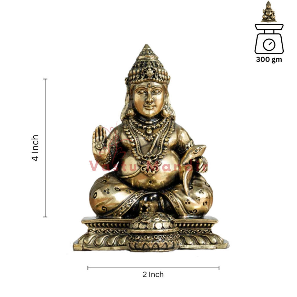 Lord Dhan Kuber Ji's 100% Pure Brass Statue Idol with measurements and weight information on a white background