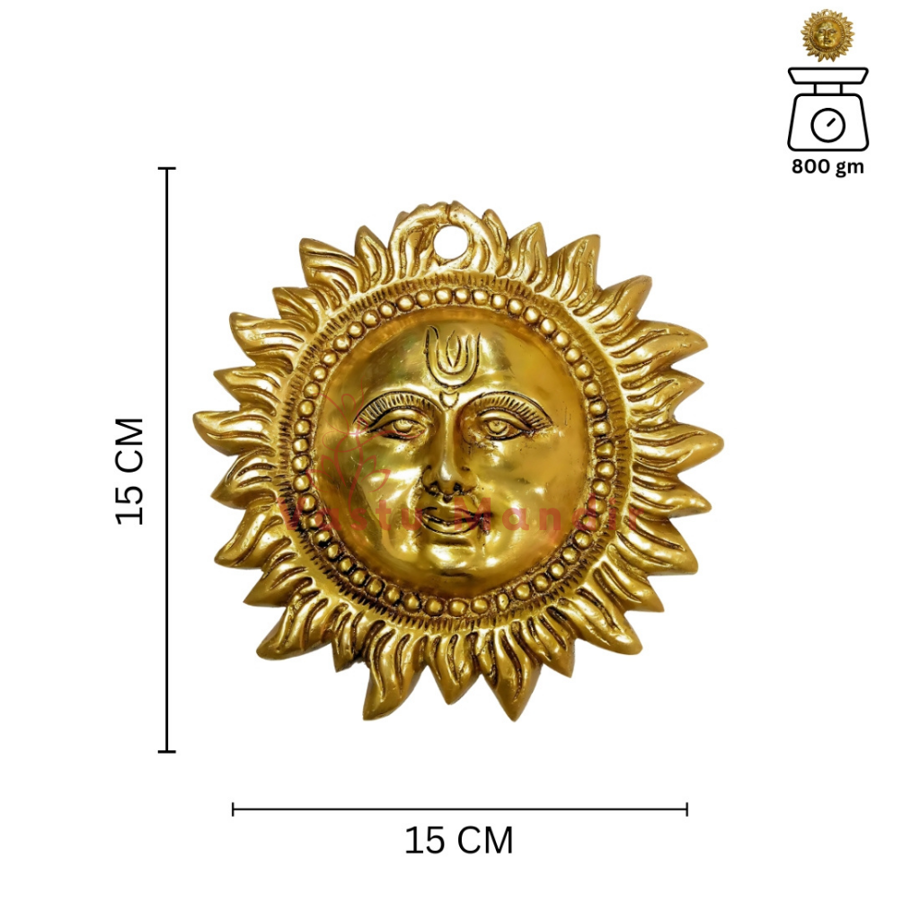 Premium Vastu Sun 100% Pure Brass Statue with measurements on a white background