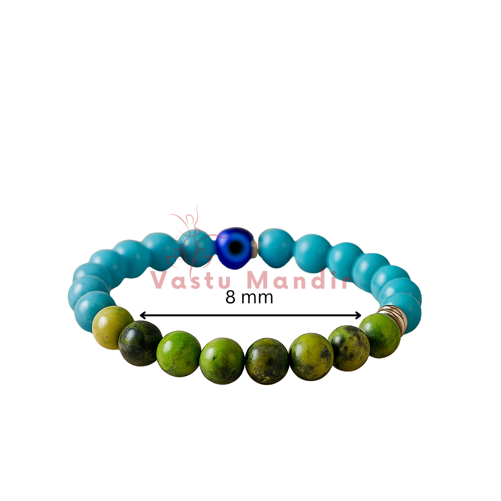 Beaded bracelet with blue, green, and black beads on a white background, labeled 'Vastu Mandir'.