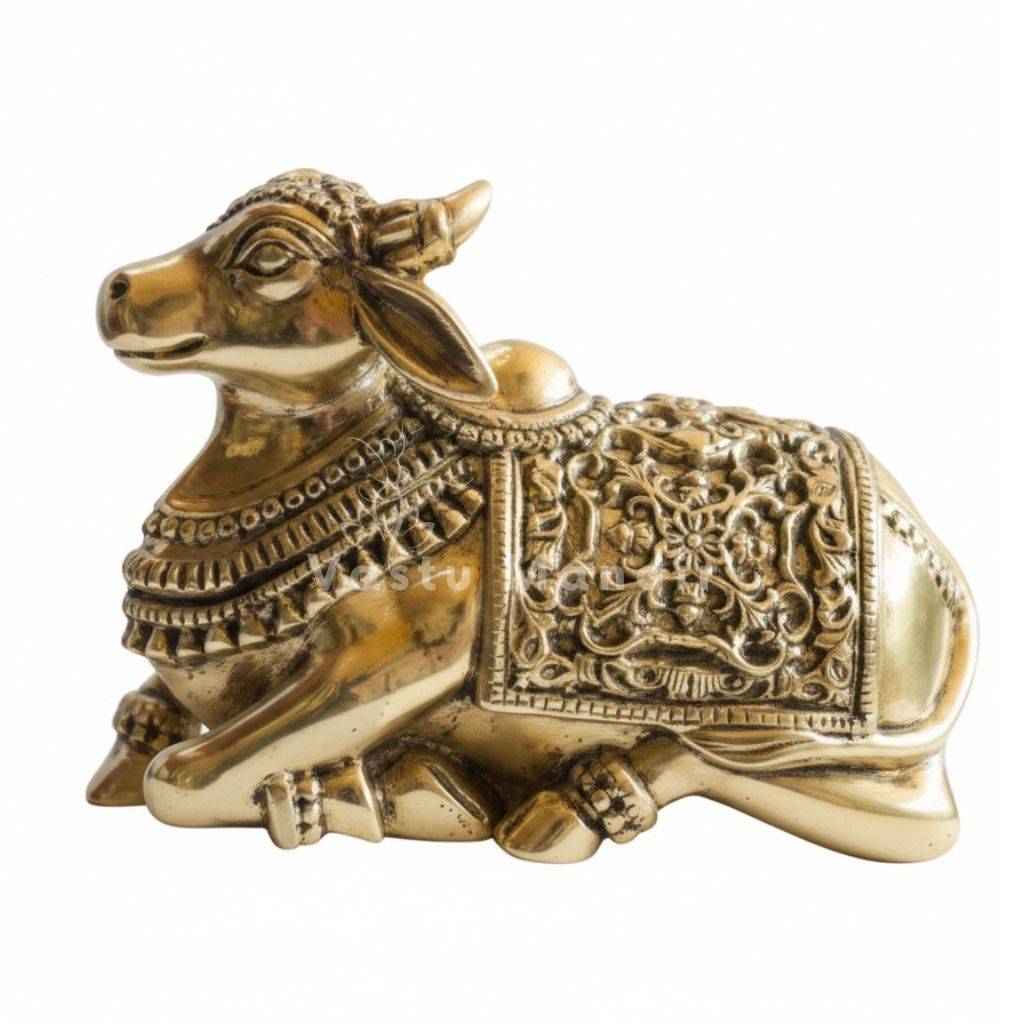 Premium brass Nandi bull idol front three-quarter view isolated on white background