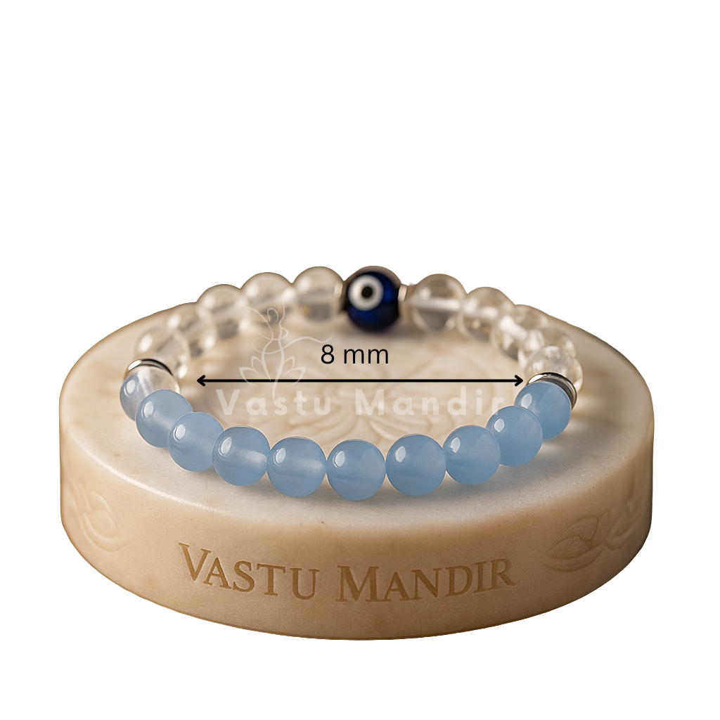 Aquarius Birthstone Crystal Bracelet – Vastu Remedy for Clarity & Communication with Clear Quartz & Blue Lace Agate | 8mm Beads