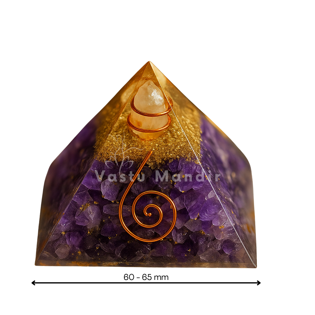 amethyst crystal vastu pyramid with purple and gold colors on a white background