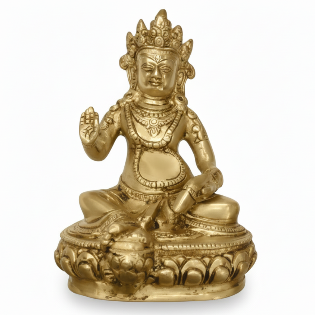 Gold-colored statue of a seated figure on a white background