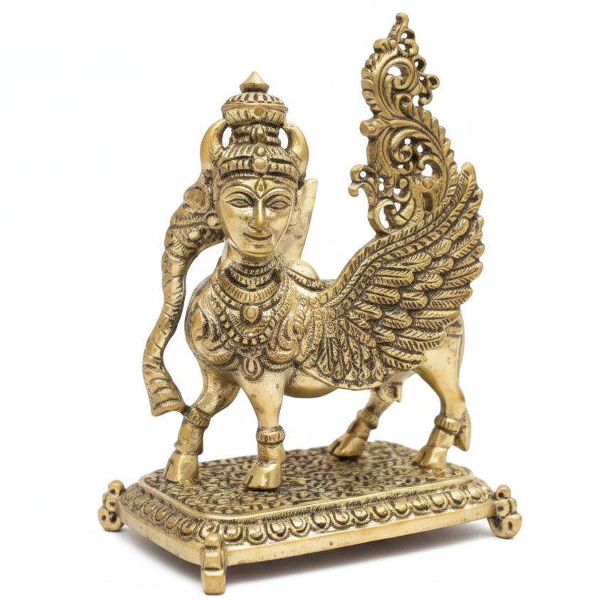 Decorative brass statue of a winged creature with intricate details on a white background