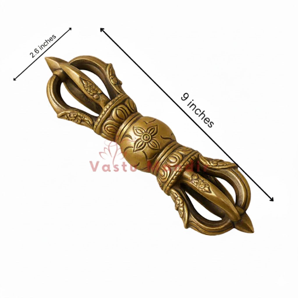 Decorative Vajra (Big) 100% Pure Brass Statue with measurements on a white background, featuring the brand 'Vastu Mandir'.