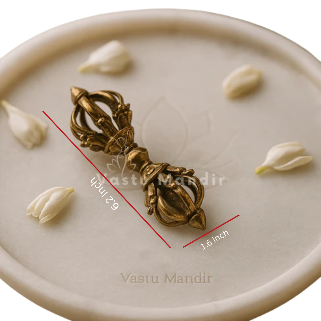 Vajra (Dorje) on a beige plate with measurements and 'Vastu Mandir' branding.