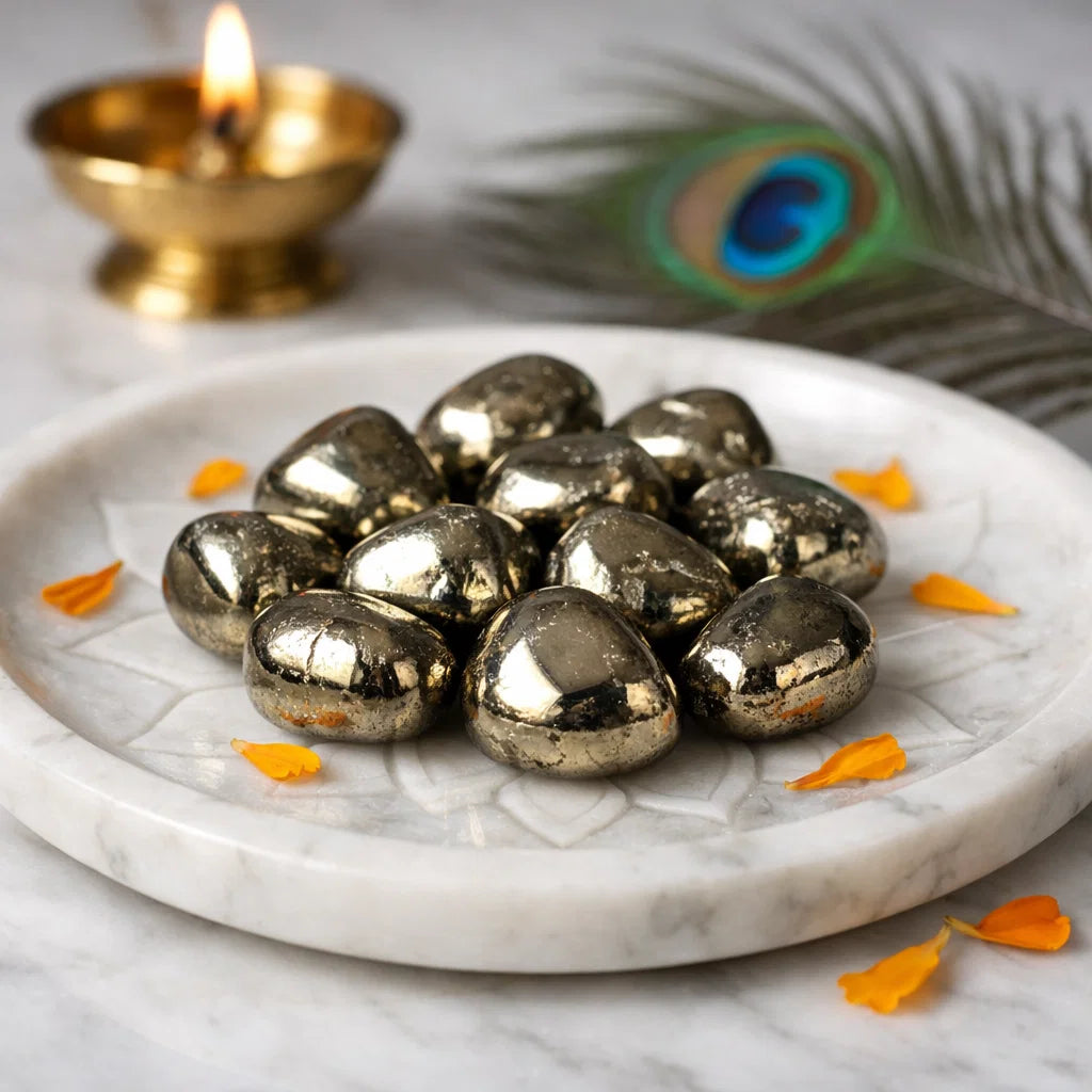 Natural Pyrite Tumbled Stones for Vastu Remedy | Abundance Healing Crystals by Vastu Mandir