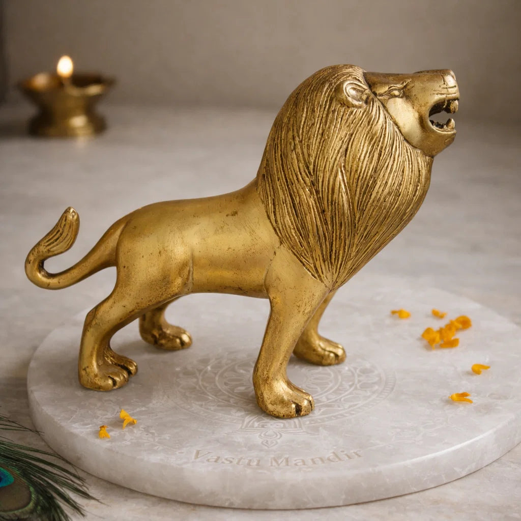 Handcrafted Solid Brass Lion Vastu Idol | Vastu Remedy for South Direction Protection & Courage Energy for Main Entrances | 16×6×14 cm | 985g