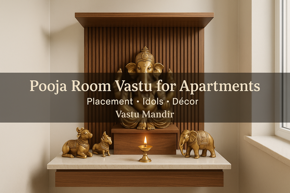 Luxury apartment pooja room with brass idols, marble shelf, brass diya and soft daylight in northeast corner