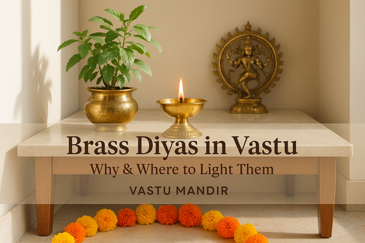 Luxury pooja corner with brass diya glowing on marble console, Tulsi in brass pot, brass idol, warm golden lighting.