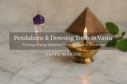 Copper pyramid, brass diya, and crystal bowl forming a Vastu energy protection setup by Vastu Mandir.