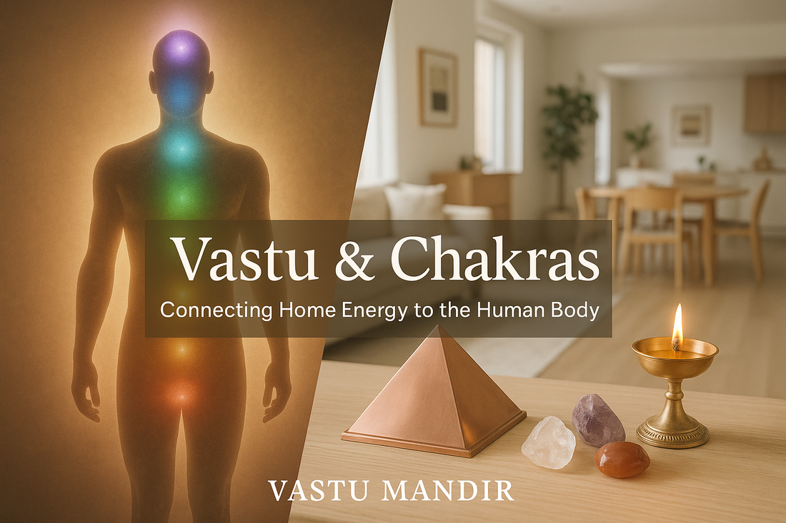 Human chakra system mirrored with home Vastu zones using copper pyramid, diya, and crystals — Vastu Mandir energy alignment