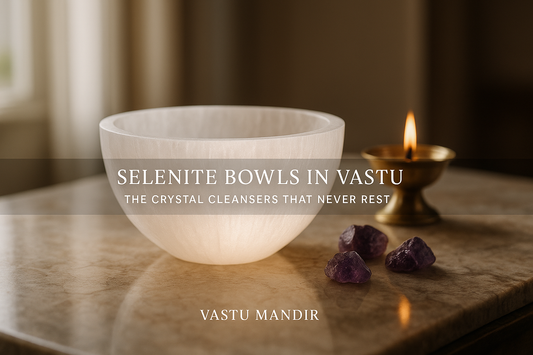 Glowing white Selenite Bowl beside brass diya and crystals in luxury home — cleansing and energy purification tool by Vastu Mandir.