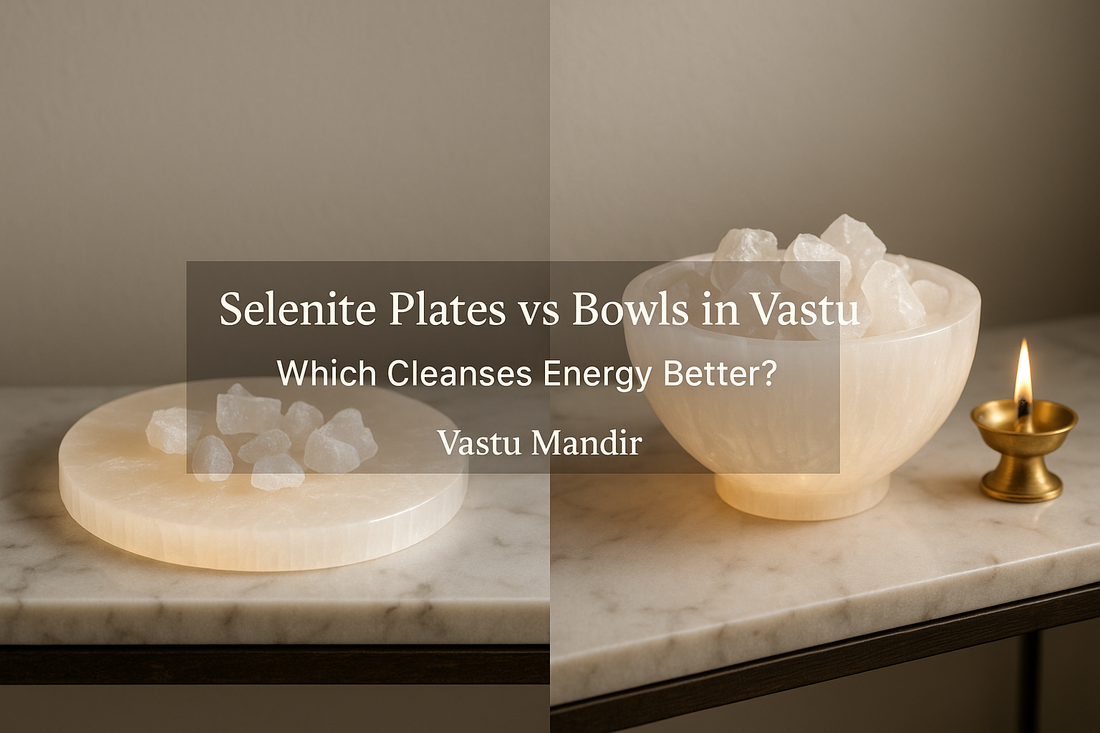 Luxury composition of Selenite Plate and Bowl with crystals and brass diya — elegant Vastu energy cleansing tools by Vastu Mandir