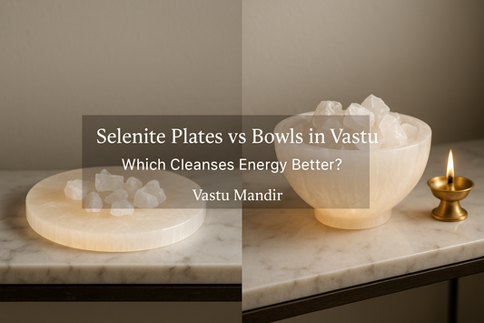 Luxury composition of Selenite Plate and Bowl with crystals and brass diya — elegant Vastu energy cleansing tools by Vastu Mandir