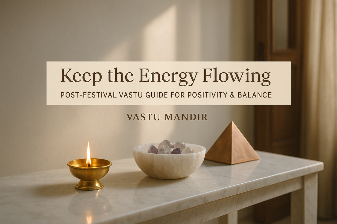 Post-festival luxury home console with brass diya, selenite bowl, and copper pyramid—Vastu Mandir energy maintenance setup.