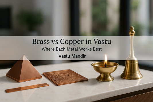Copper pyramid/yantra/strip beside brass diya/bell—visual guide to when to use copper vs brass in Vastu by Vastu Mandir