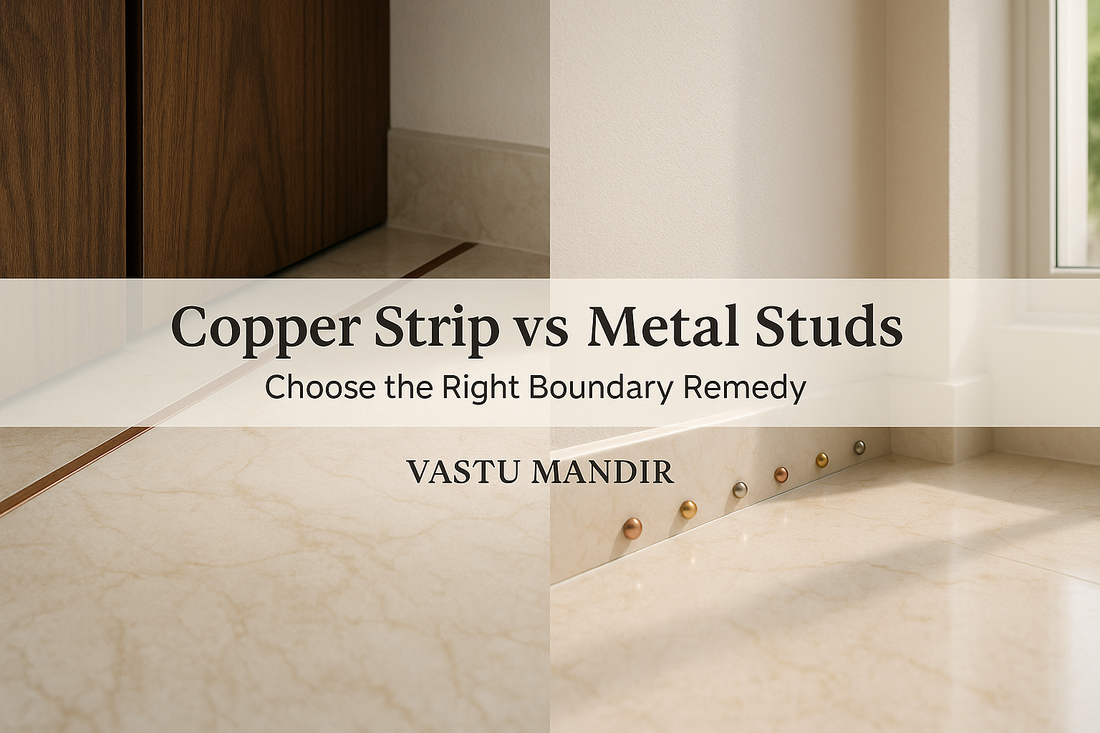 Copper strip at entrance and metal studs in a corner—visual guide to line vs point Vastu remedies by Vastu Mandir.