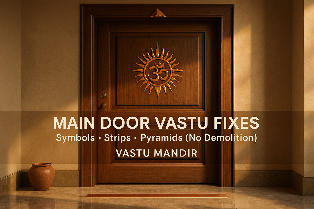 Entrance Vastu correction with copper strip at threshold, copper pyramid above door, and auspicious symbol—non-demolition remedies by Vastu Mandir