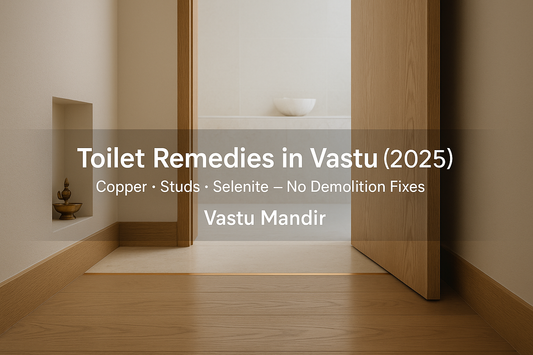 Copper strip at toilet threshold, selenite bowl on shelf, and brass diya outside — modern non-demolition Vastu remedies by Vastu Mandir.
