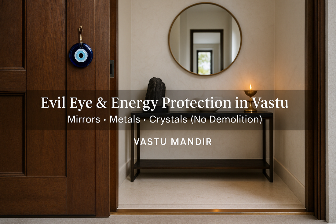 Entrance with evil eye charm, copper strip, tourmaline and selenite on console, and brass diya—modern Vastu protection setup by Vastu Mandir.