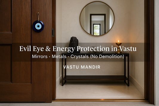 Entrance with evil eye charm, copper strip, tourmaline and selenite on console, and brass diya—modern Vastu protection setup by Vastu Mandir.