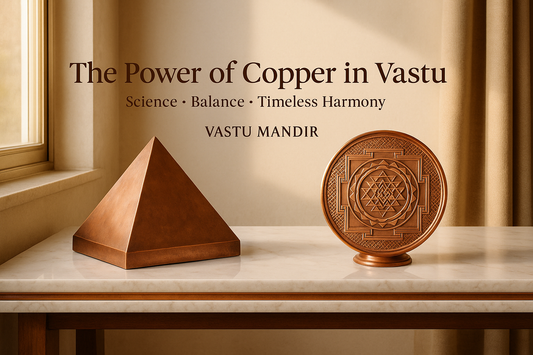 Copper pyramid, yantra, and strip in a modern Indian living space — Vastu energy remedies by Vastu Mandir.