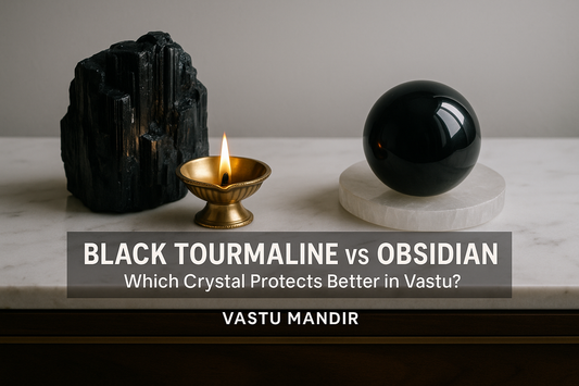 Black Tourmaline and Obsidian displayed with brass diya and selenite plate — Vastu Mandir crystal protection setup.