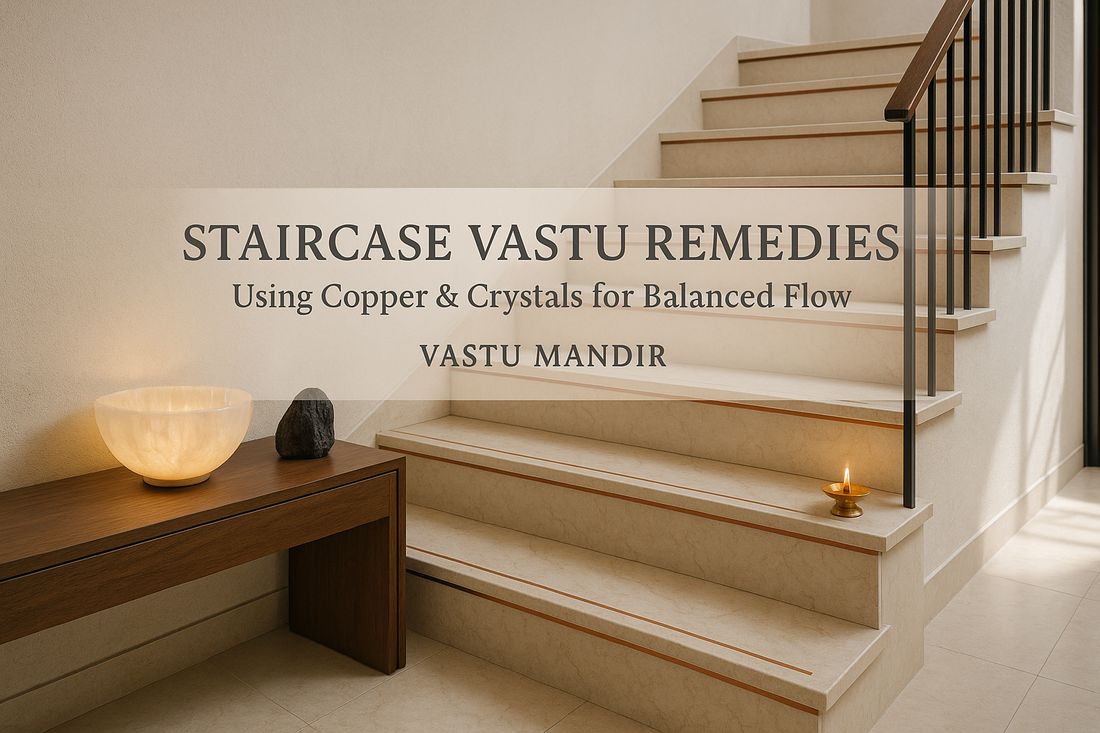 Luxury staircase with copper strip edges, selenite bowl, and black tourmaline — Vastu Mandir copper & crystal remedies setup.