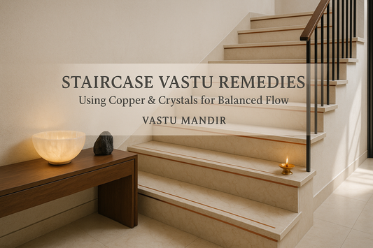 Luxury staircase with copper strip edges, selenite bowl, and black tourmaline — Vastu Mandir copper & crystal remedies setup.