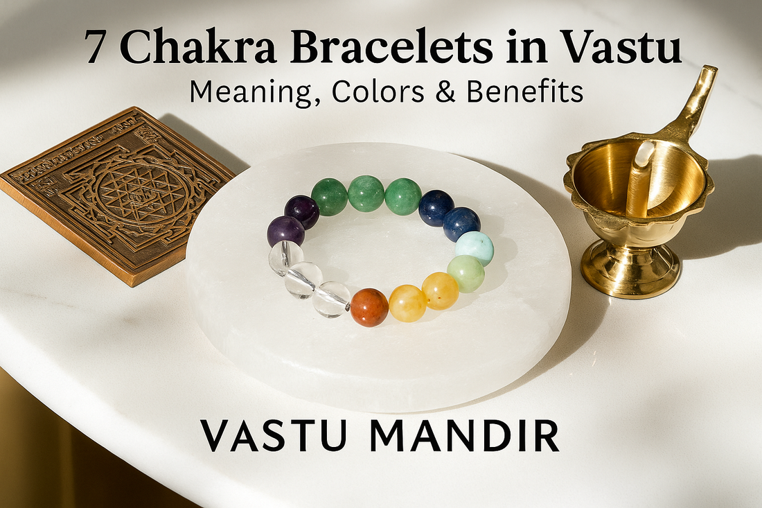 Luxury 7 chakra bracelet beside copper yantra and diya — Vastu Mandir crystal bracelet balancing energy through color and element.