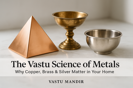 Copper pyramid, brass diya and silver bowl on marble — luxury Vastu metal remedies collection by Vastu Mandir.
