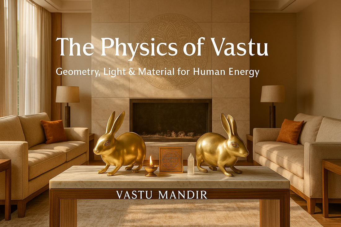 Modern home interior with brass diya, copper yantra, and crystals — illustrating geometry, light, and material balance in Vastu Mandir design.