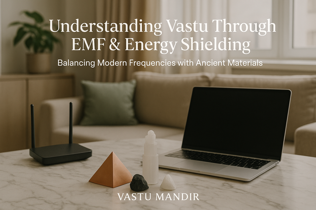 Copper pyramid, black tourmaline, and selenite beside laptop — Vastu Mandir modern EMF protection décor