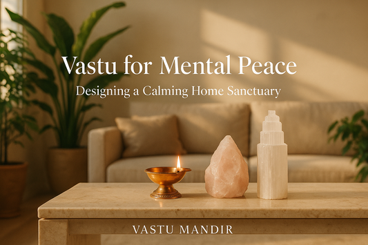 Luxury Indian living space with copper diya and crystals — serene Vastu Mandir home sanctuary.