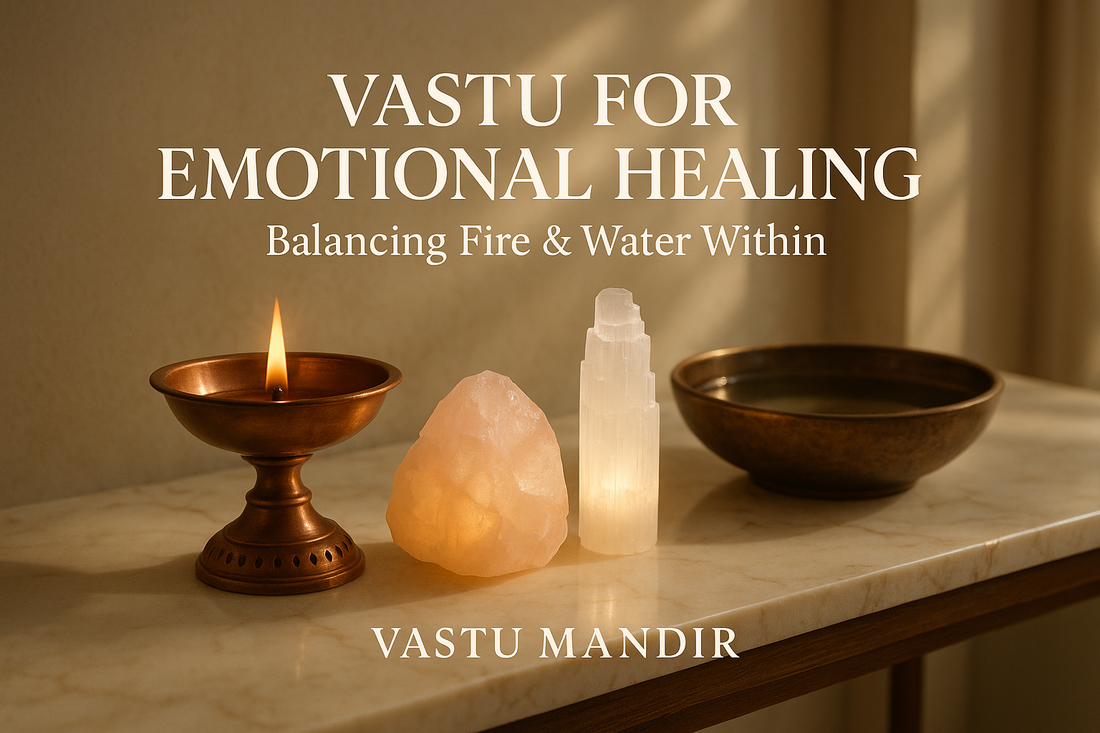 Luxury Indian living space with diya, rose quartz, selenite, and water bowl — Vastu Mandir emotional healing décor.
