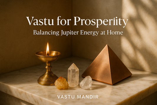 Bright North-East home corner with brass diya, copper pyramid, and crystals — Vastu Mandir prosperity décor.
