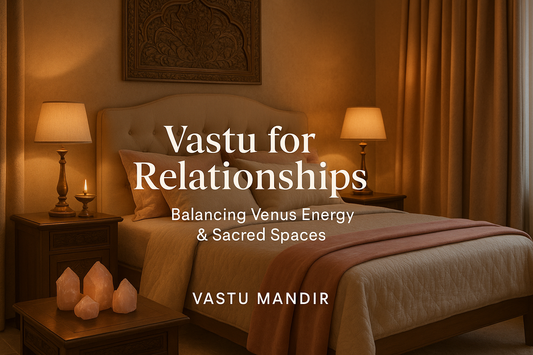 Warm Indian bedroom with copper diya and rose quartz crystals — Vastu Mandir relationship harmony décor.