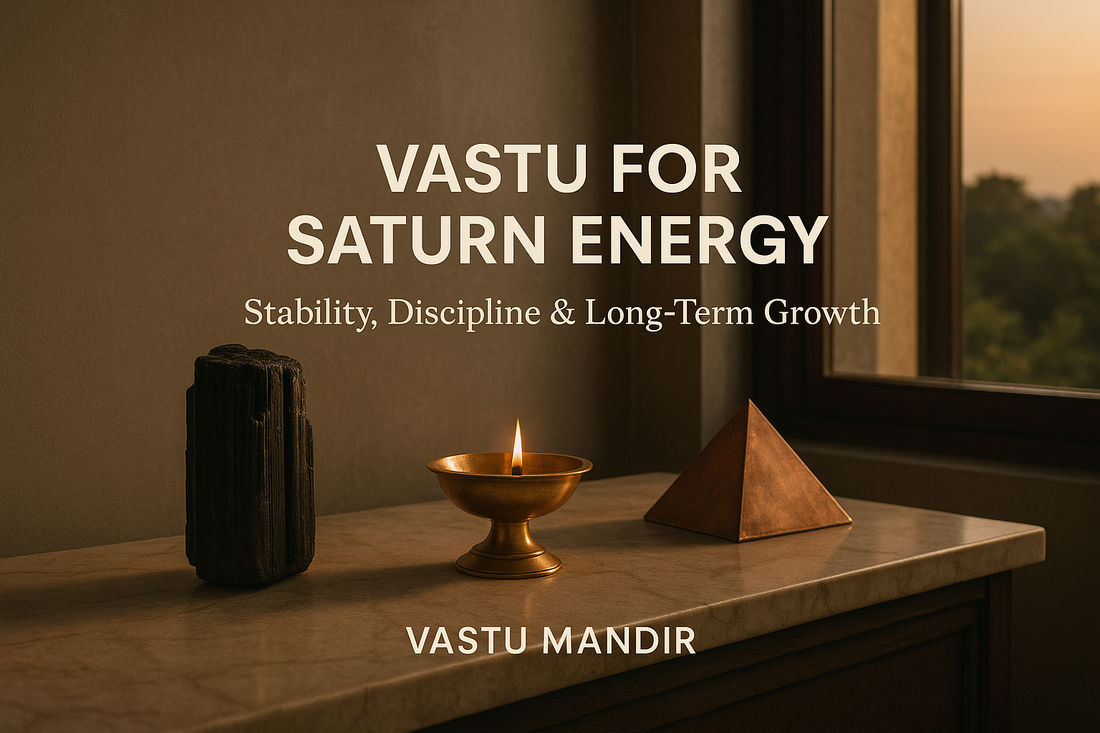 West-facing Indian living space with brass diya, black tourmaline, and copper pyramid — Saturn Vastu décor by Vastu Mandir.