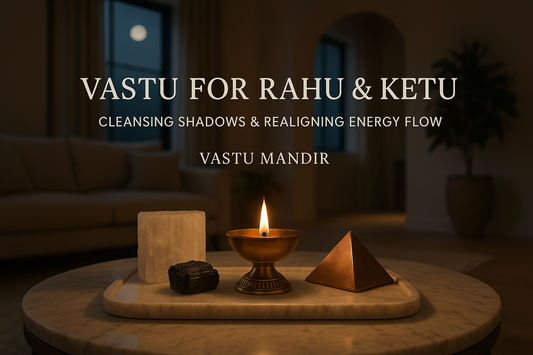Luxury Indian living room with selenite, black tourmaline, and brass diya — Rahu Ketu Vastu cleansing décor by Vastu Mandir.