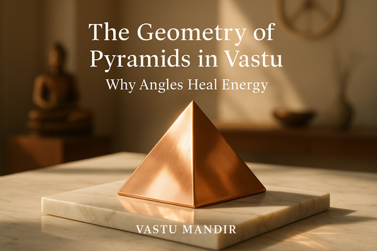 Copper pyramid on marble with sunlight — Vastu Mandir copper pyramid geometry décor.
