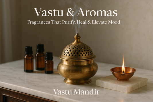 Luxury Indian console with brass diffuser and aroma oils — Vastu Mandir fragrance decor for positive energy.