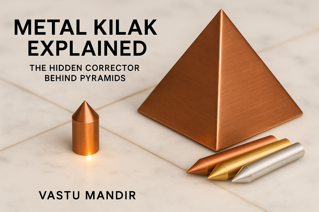 Copper pyramid with Kilak pin beneath on white marble — Vastu Mandir energy anchor for stability.