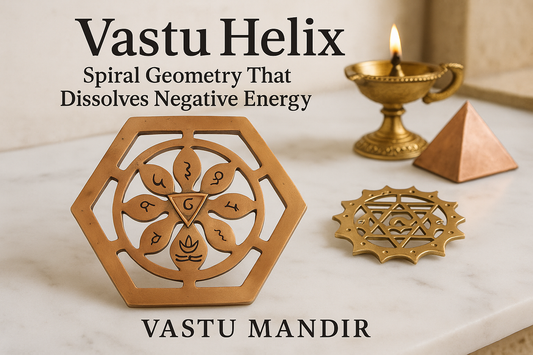 Copper and brass spiral helix on marble base — Vastu Mandir’s energy remedy for South-West correction.