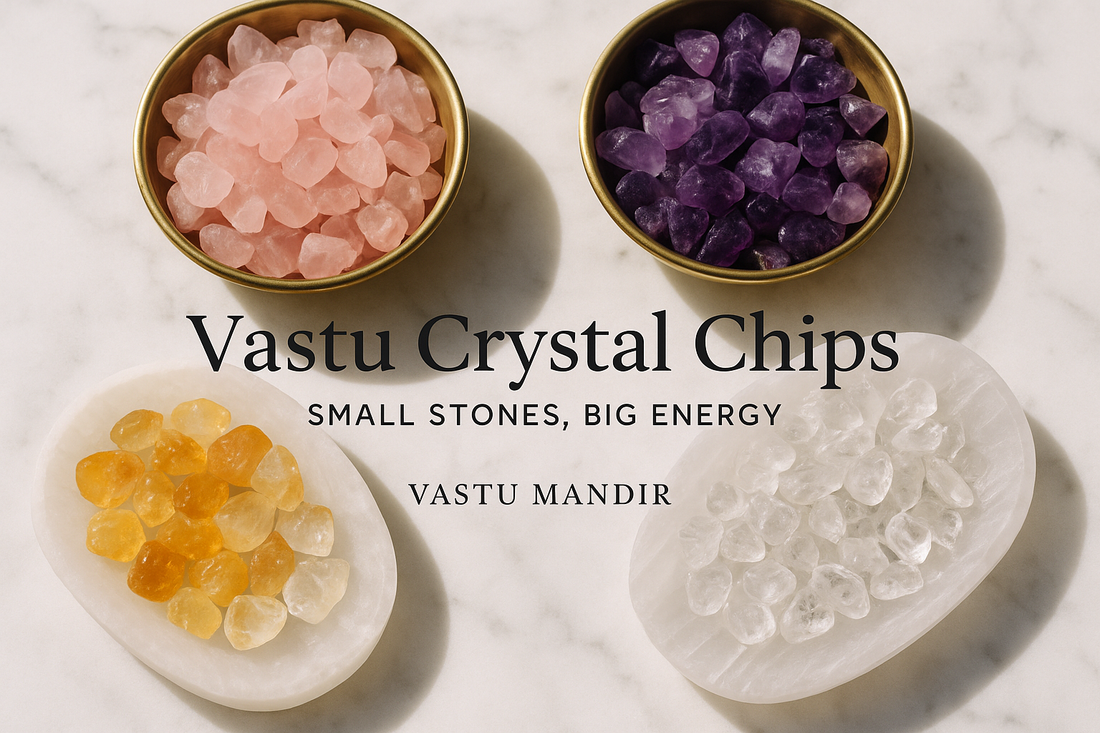 Luxury crystal chips in brass bowls and selenite plates under natural daylight — Rose Quartz, Citrine, Amethyst, Clear Quartz.